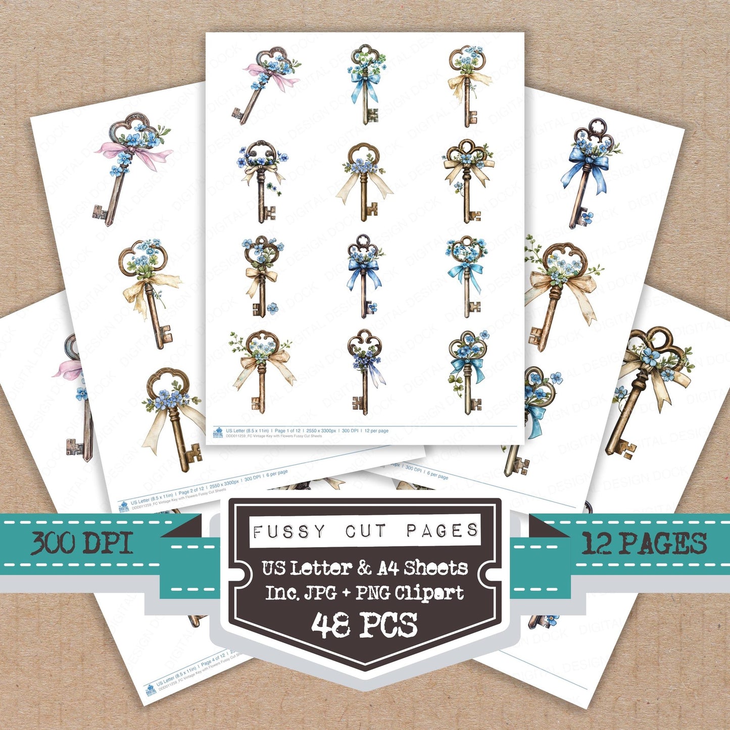 Vintage Key with Flowers fussy cut printable sheets for junk journaling, scrapbooking, and paper craft projects