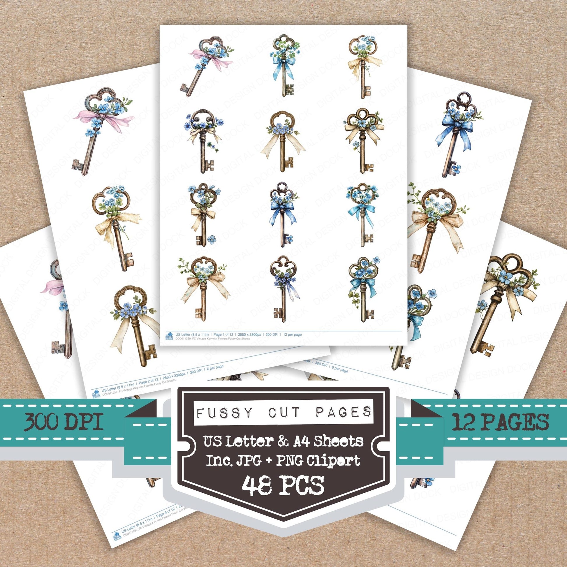 Vintage Key with Flowers fussy cut printable sheets for junk journaling, scrapbooking, and paper craft projects