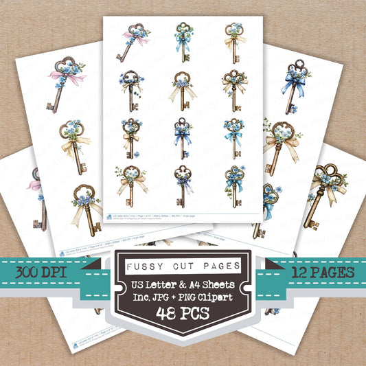 Vintage Key with Flowers fussy cut printable sheets for junk journaling, scrapbooking, and paper craft projects