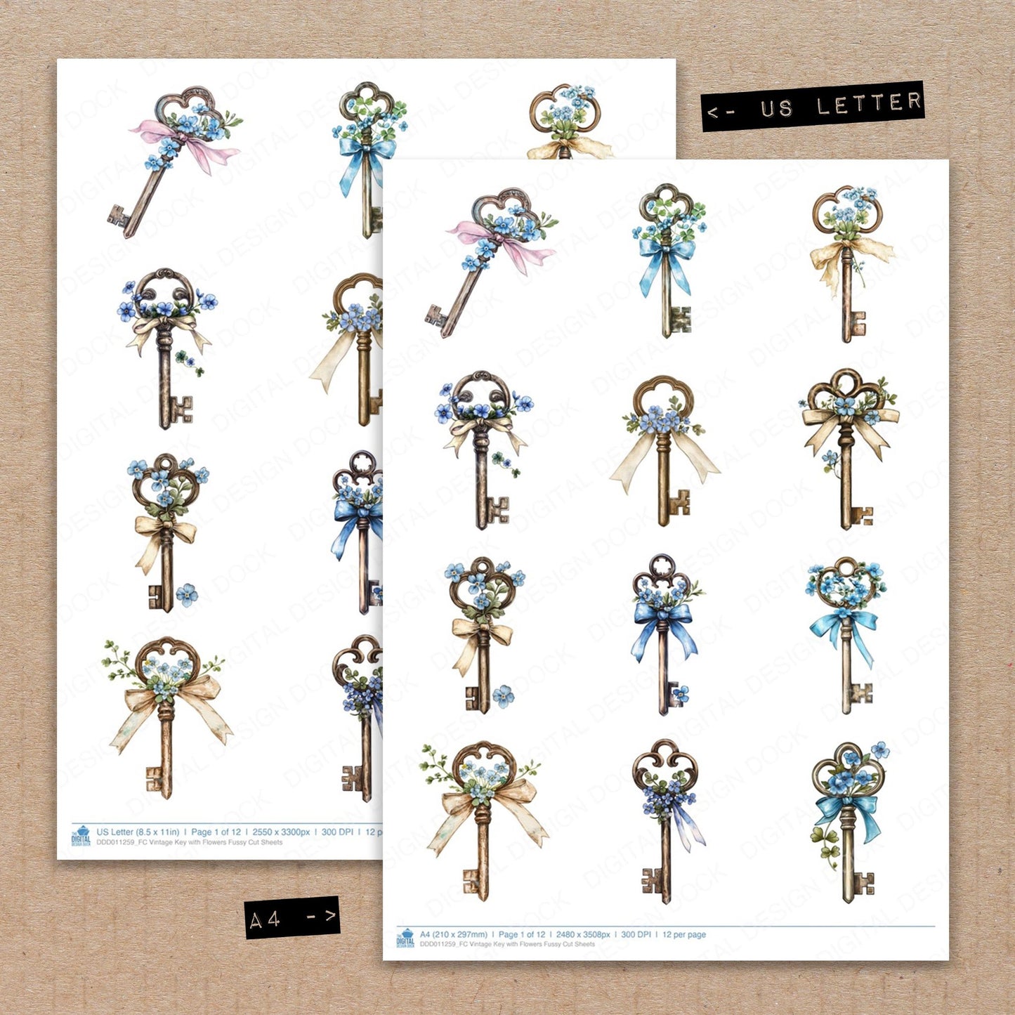 A4 and US Letter format comparison showing Vintage Key with Flowers fussy cut pages for print and cut crafting