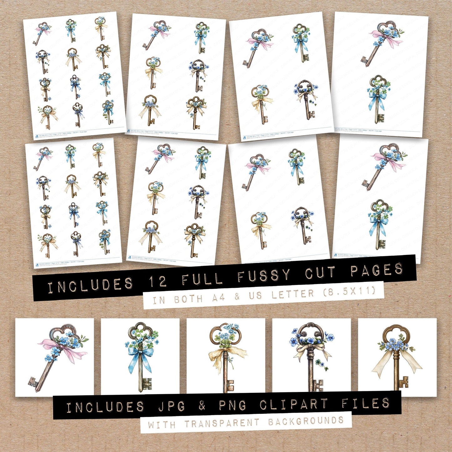 Full collection view of Vintage Key with Flowers fussy cut sheets with bonus clipart JPG and PNG files