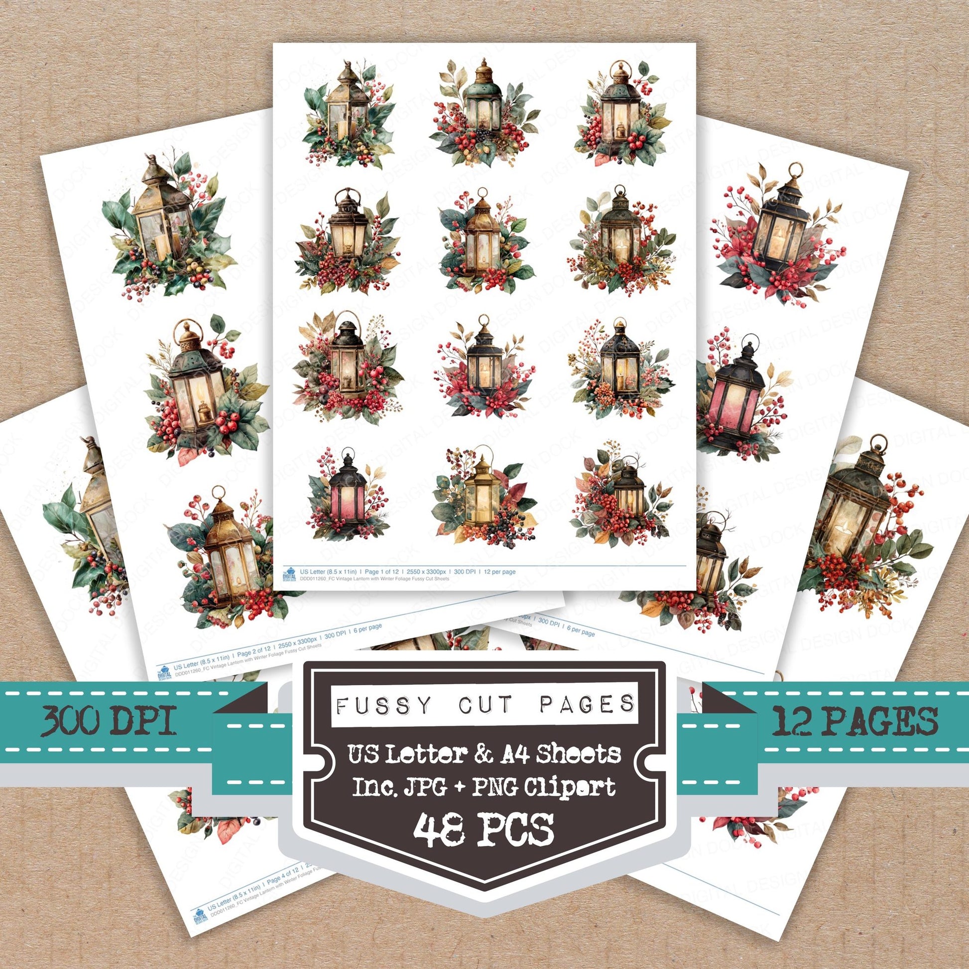 Vintage Lantern with Winter Foliage fussy cut printable sheets for junk journaling, scrapbooking, and paper craft projects