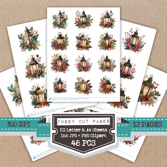 Vintage Lantern with Winter Foliage fussy cut printable sheets for junk journaling, scrapbooking, and paper craft projects