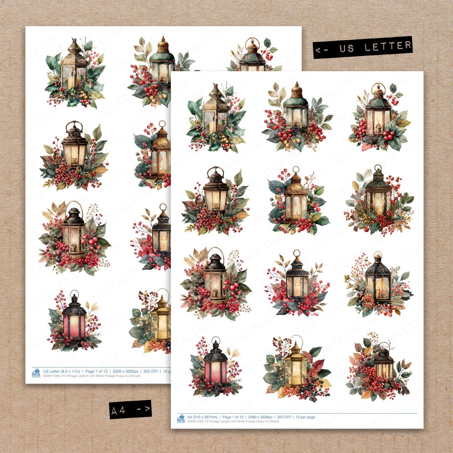 A4 and US Letter format comparison showing Vintage Lantern with Winter Foliage fussy cut pages for print and cut crafting