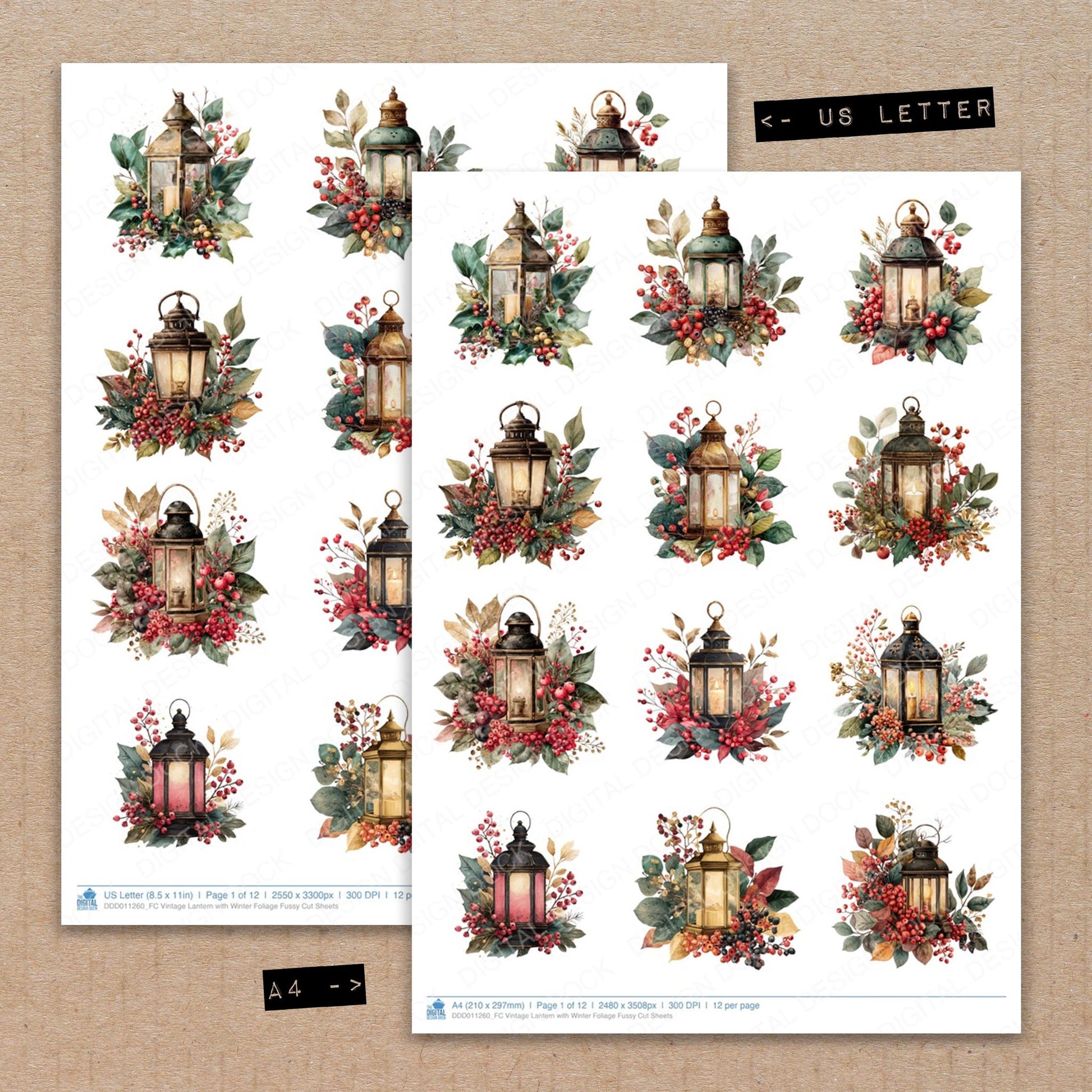 A4 and US Letter format comparison showing Vintage Lantern with Winter Foliage fussy cut pages for print and cut crafting