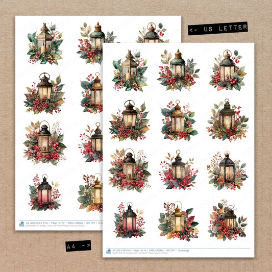 A4 and US Letter format comparison showing Vintage Lantern with Winter Foliage fussy cut pages for print and cut crafting