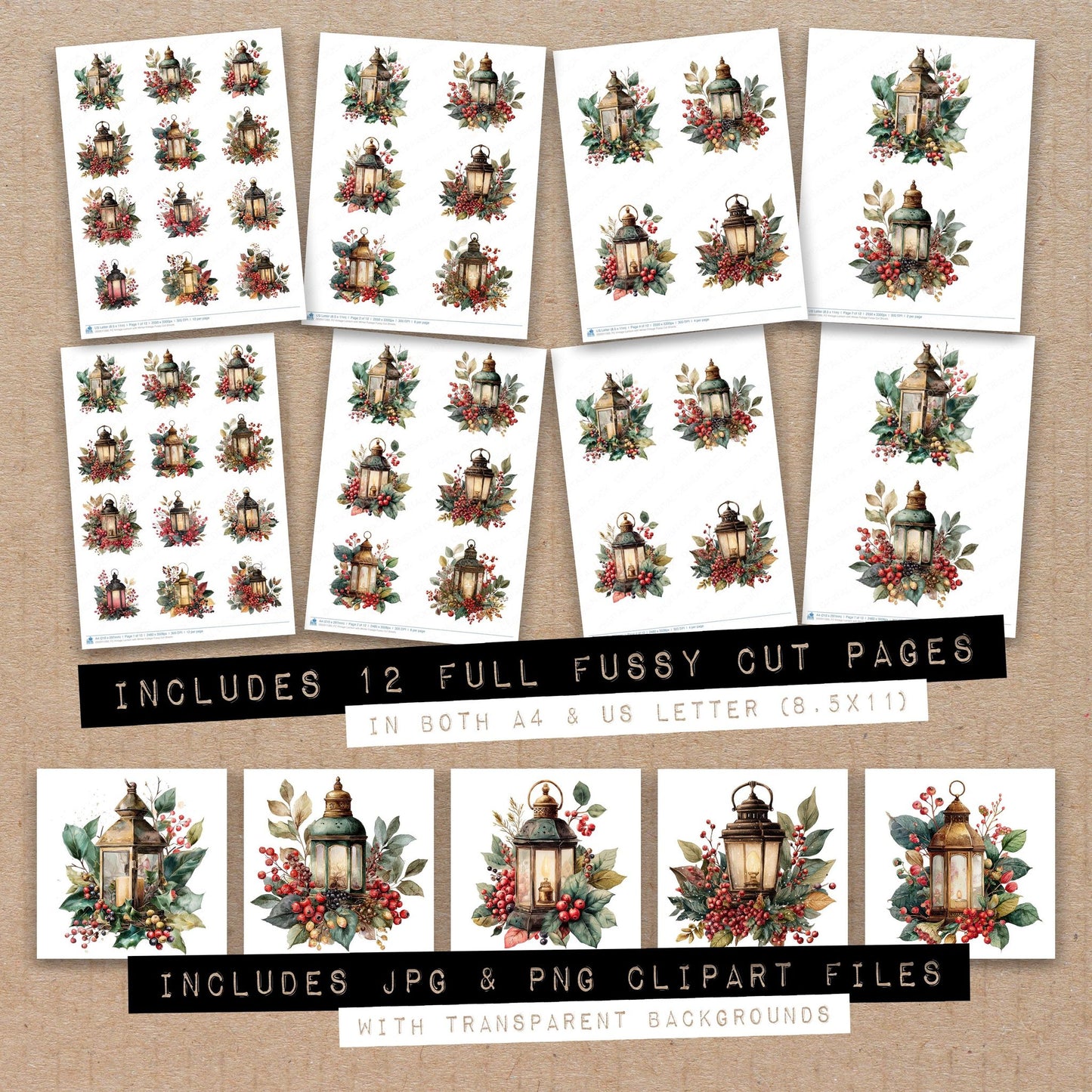 Full collection view of Vintage Lantern with Winter Foliage fussy cut sheets with bonus clipart JPG and PNG files