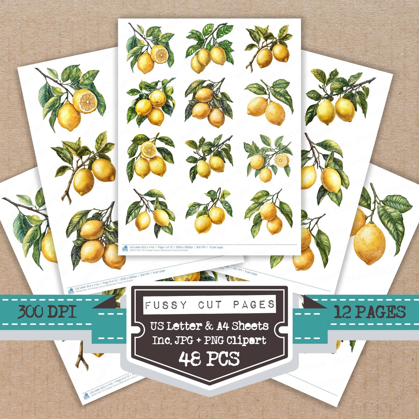 Vintage Lemons Watercolour fussy cut printable sheets for junk journaling, scrapbooking, and paper craft projects