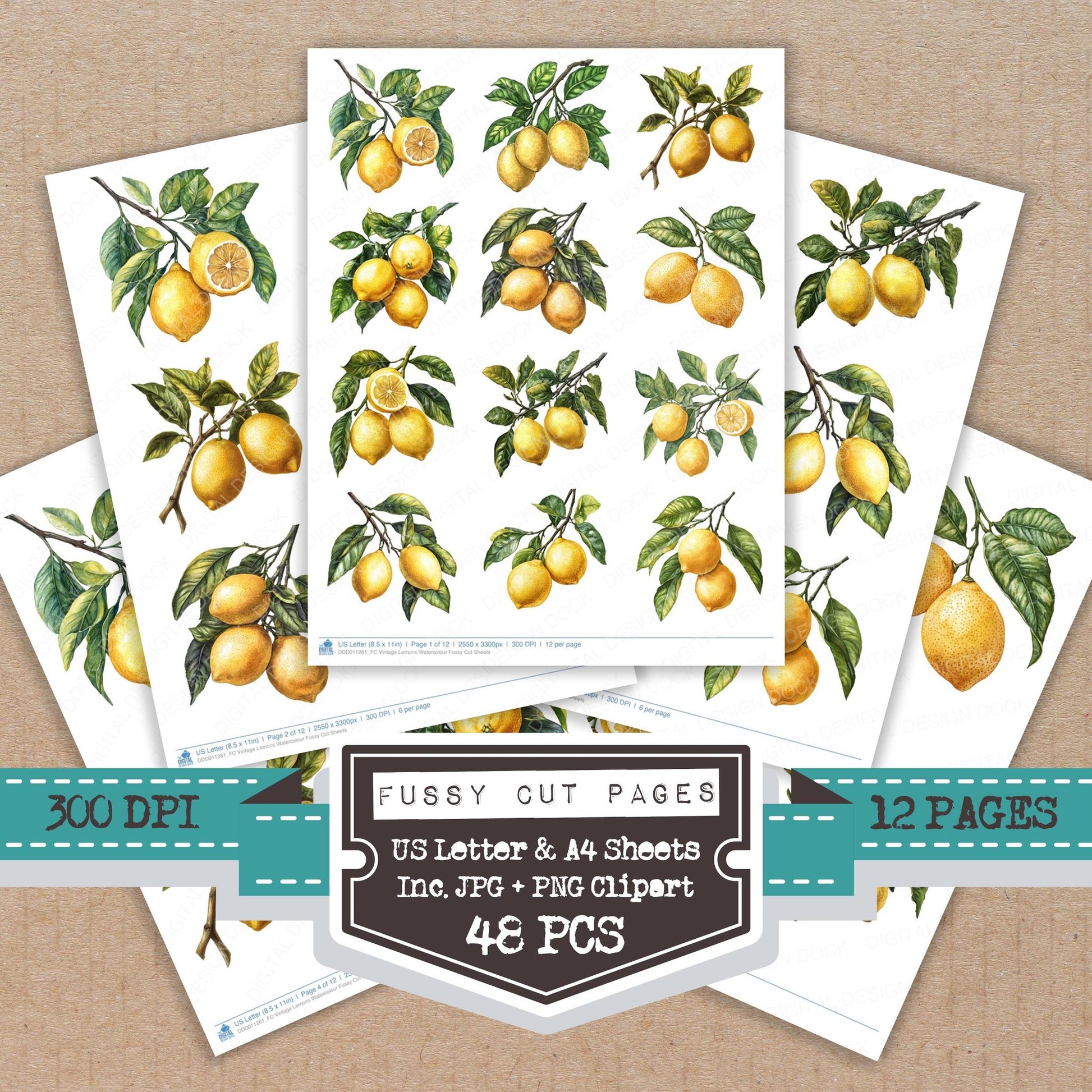 Vintage Lemons Watercolour fussy cut printable sheets for junk journaling, scrapbooking, and paper craft projects