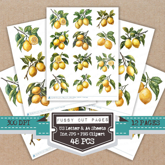 Vintage Lemons Watercolour fussy cut printable sheets for junk journaling, scrapbooking, and paper craft projects