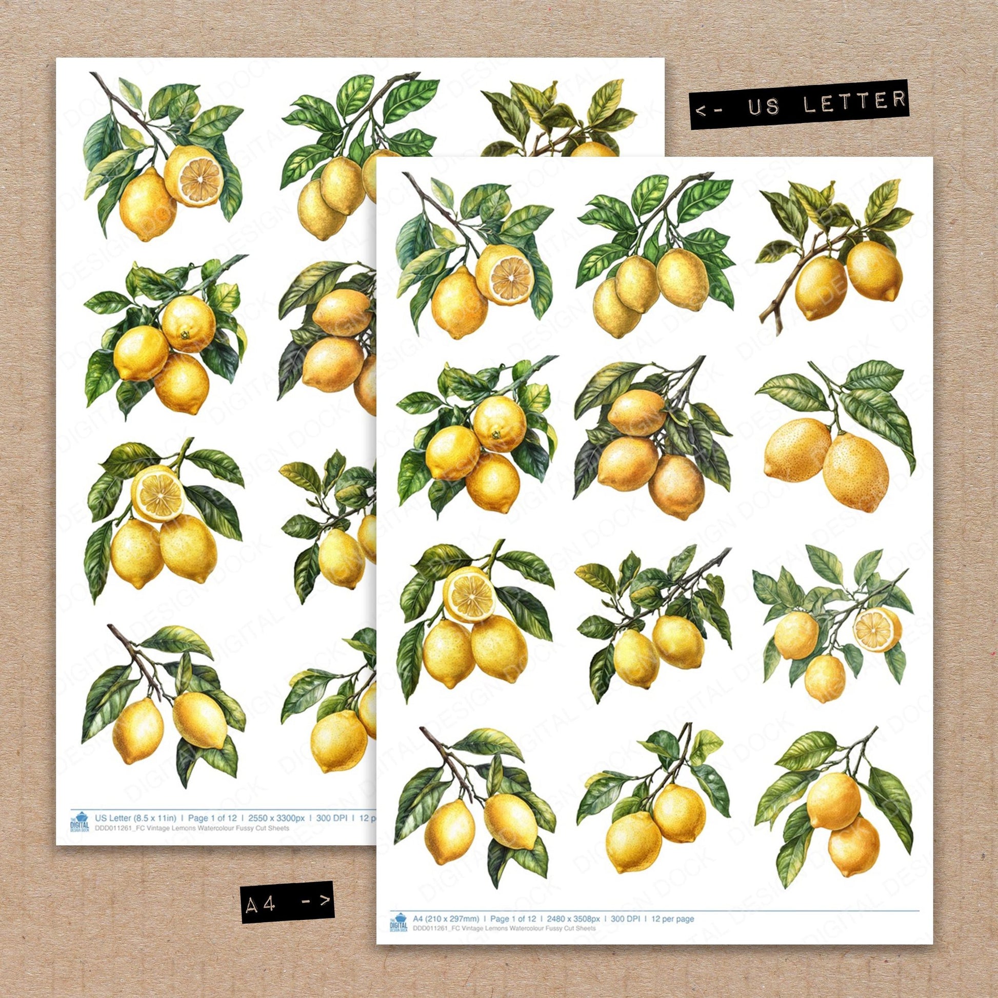 A4 and US Letter format comparison showing Vintage Lemons Watercolour fussy cut pages for print and cut crafting