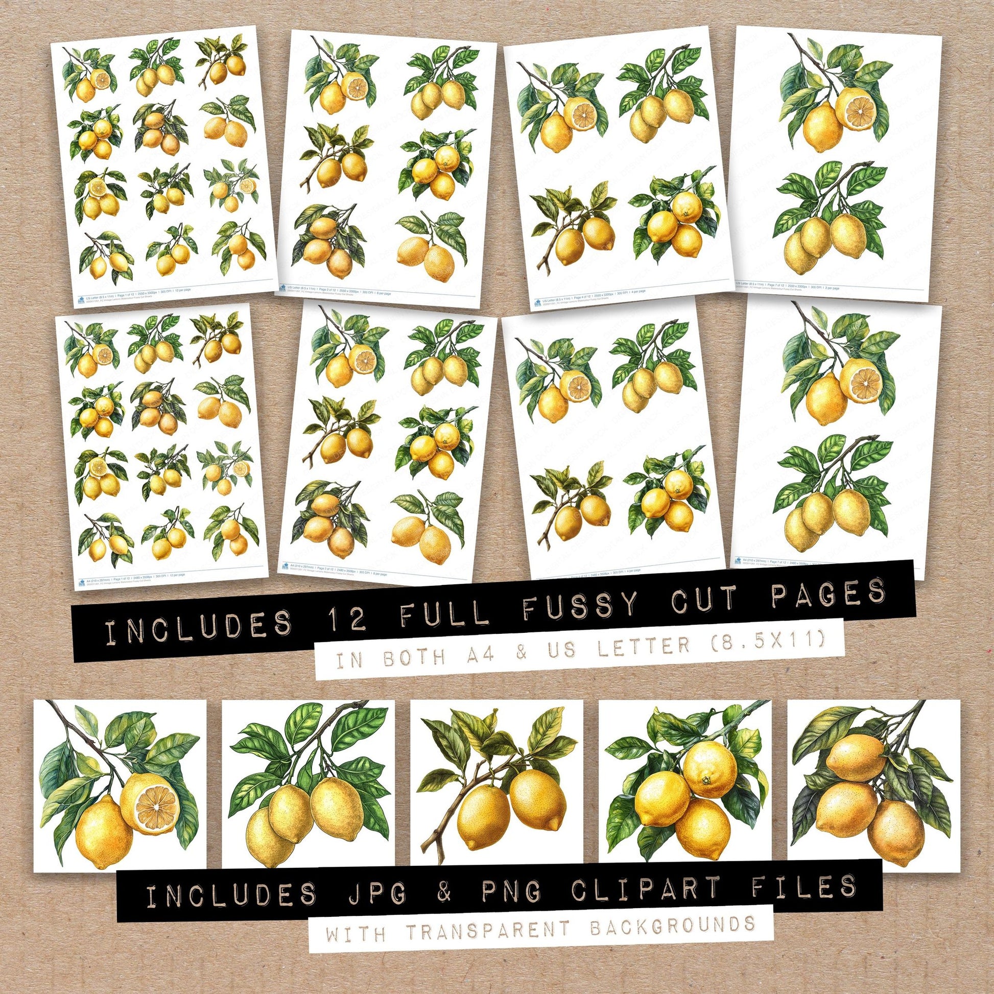 Full collection view of Vintage Lemons Watercolour fussy cut sheets with bonus clipart JPG and PNG files