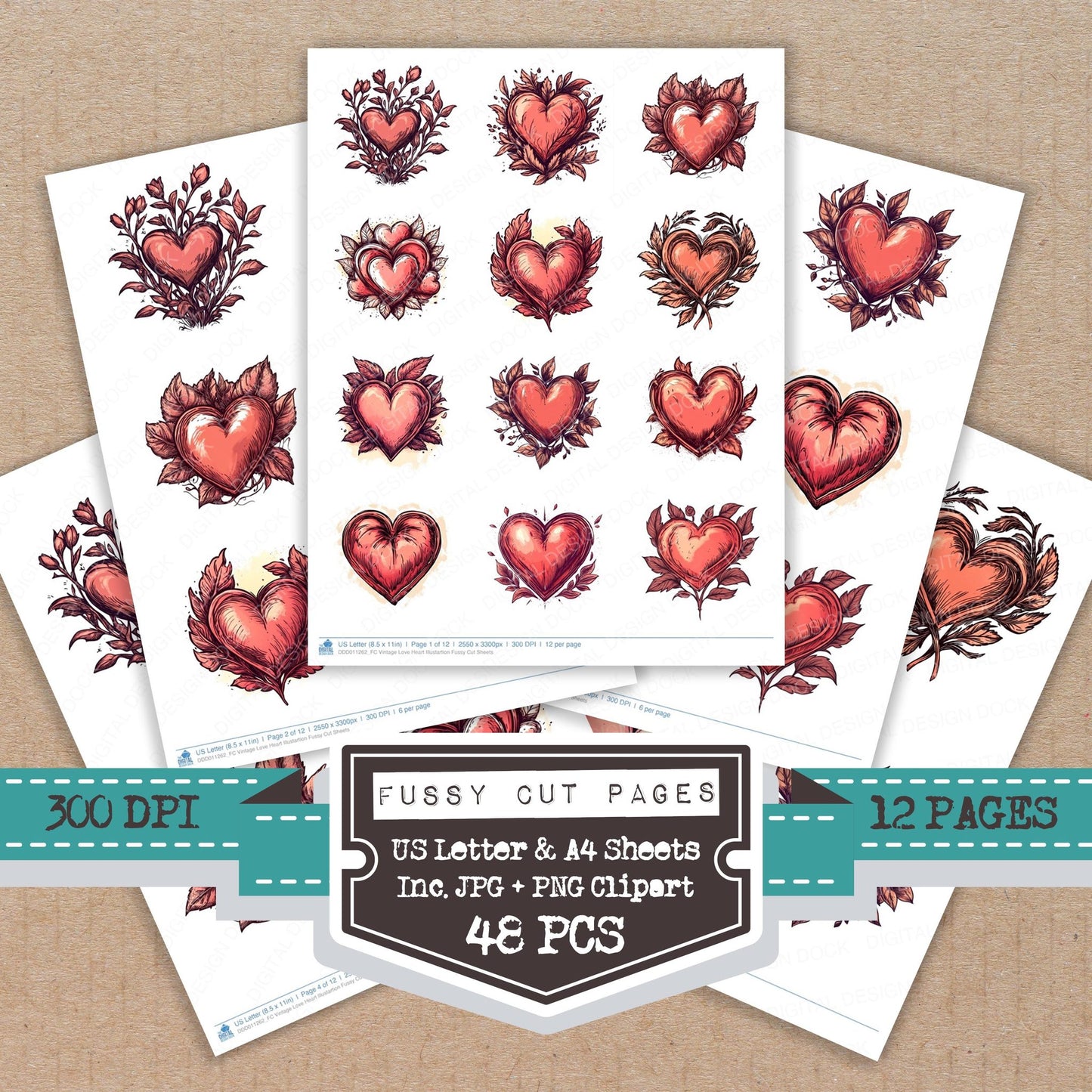 Vintage Love Heart Illustartion fussy cut printable sheets for junk journaling, scrapbooking, and paper craft projects