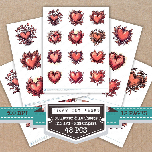 Vintage Love Heart Illustartion fussy cut printable sheets for junk journaling, scrapbooking, and paper craft projects