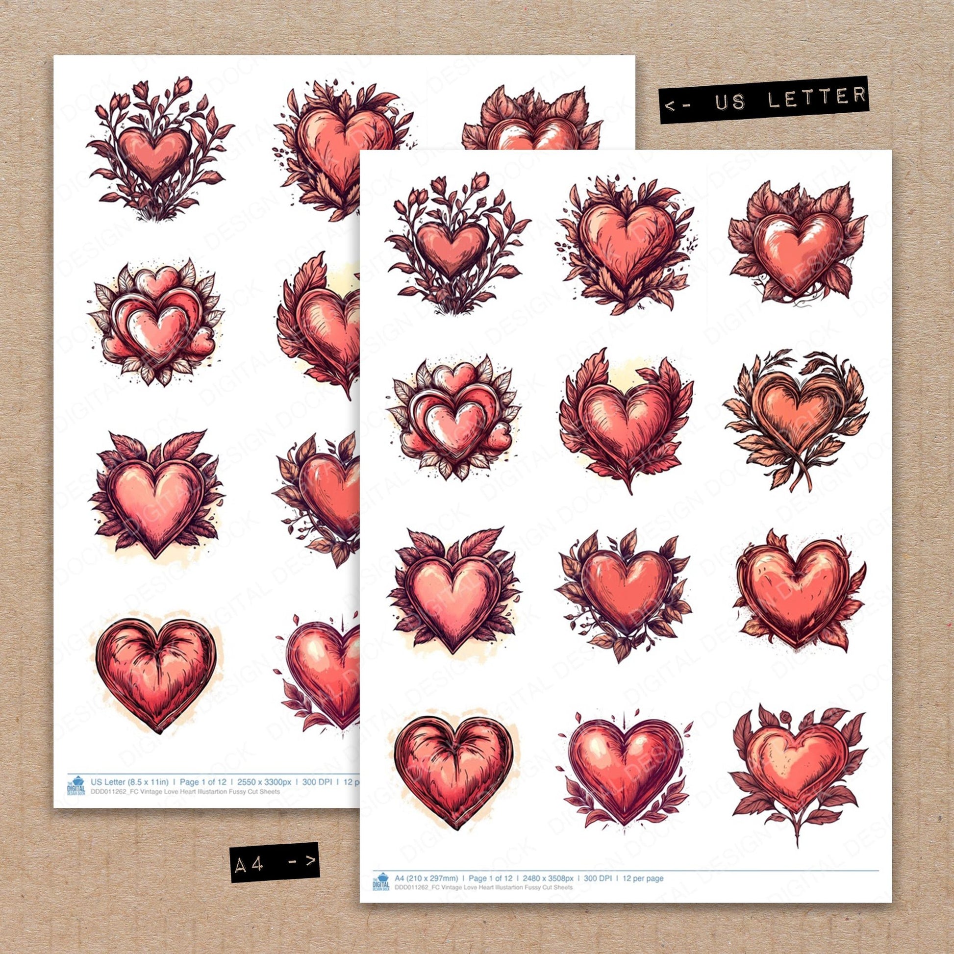 A4 and US Letter format comparison showing Vintage Love Heart Illustartion fussy cut pages for print and cut crafting