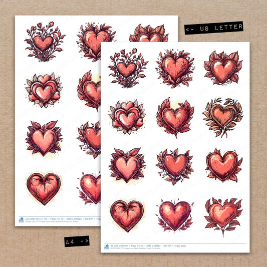A4 and US Letter format comparison showing Vintage Love Heart Illustartion fussy cut pages for print and cut crafting