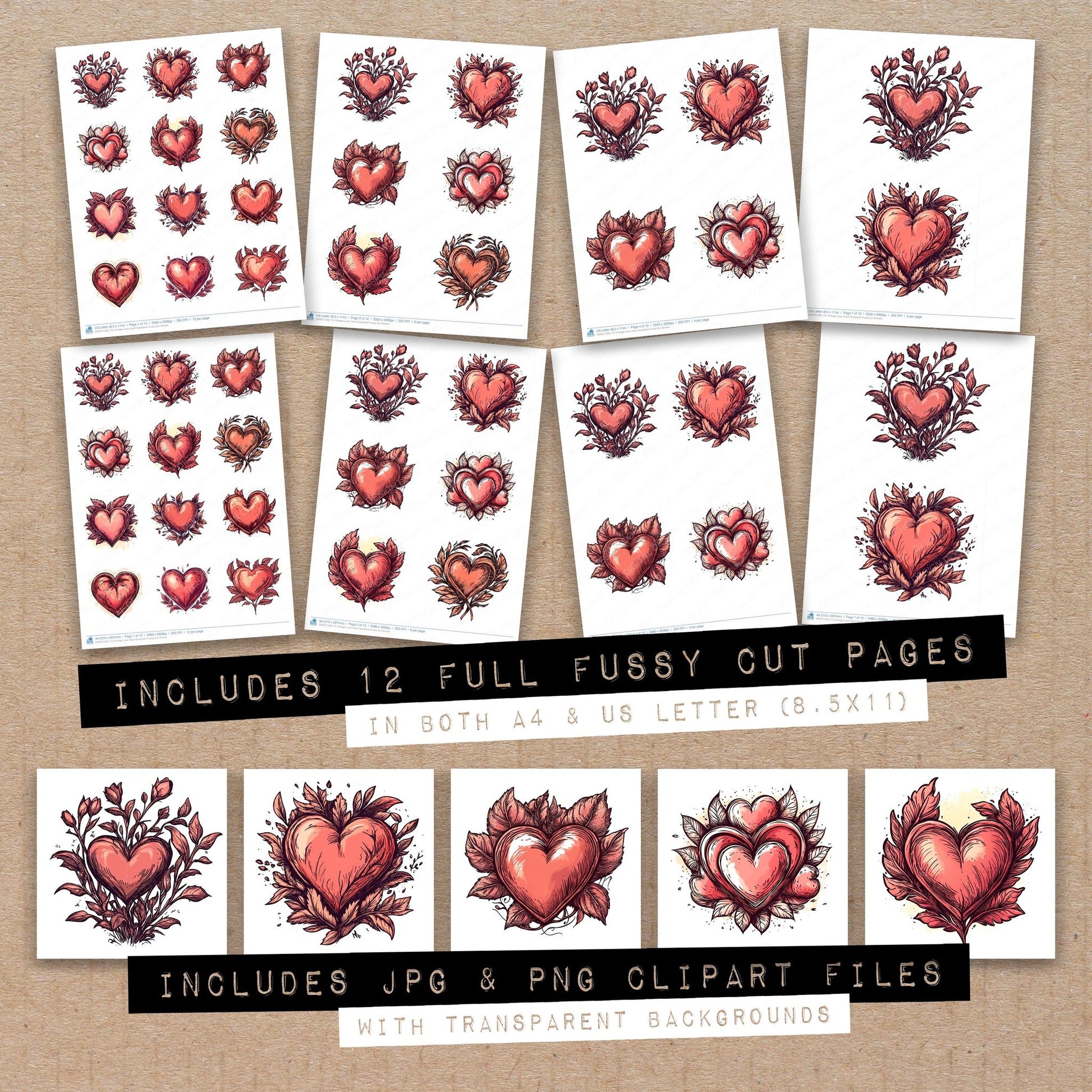 Full collection view of Vintage Love Heart Illustartion fussy cut sheets with bonus clipart JPG and PNG files
