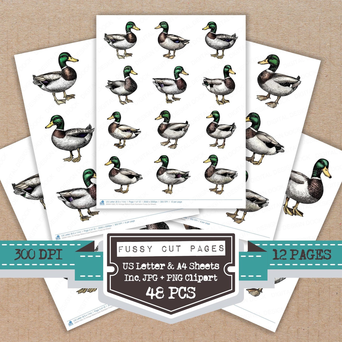 VIntage Mallard Duck Illustration fussy cut printable sheets for junk journaling, scrapbooking, and paper craft projects