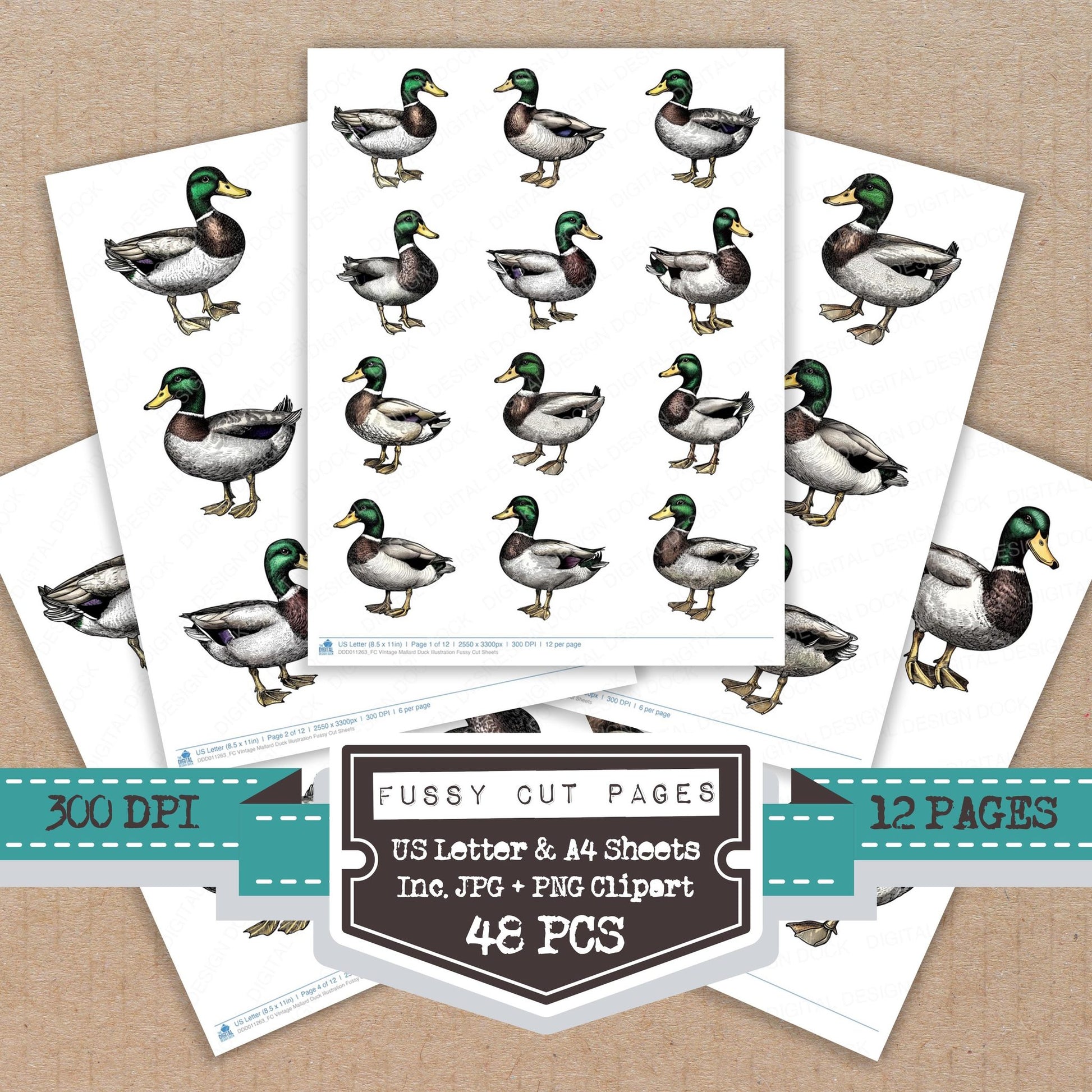 VIntage Mallard Duck Illustration fussy cut printable sheets for junk journaling, scrapbooking, and paper craft projects