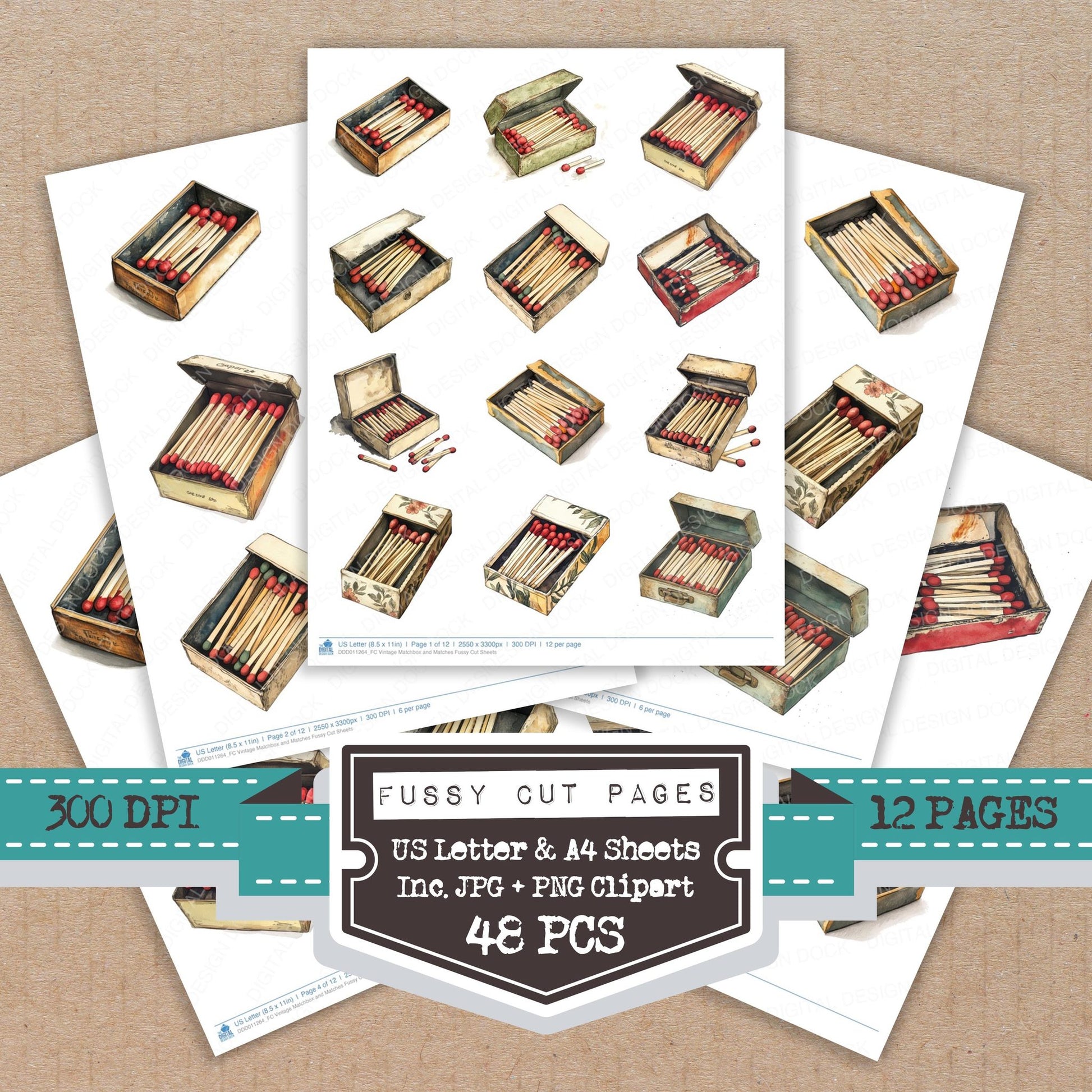 Vintage Matchbox and Matches fussy cut printable sheets for junk journaling, scrapbooking, and paper craft projects