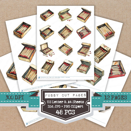 Vintage Matchbox and Matches fussy cut printable sheets for junk journaling, scrapbooking, and paper craft projects