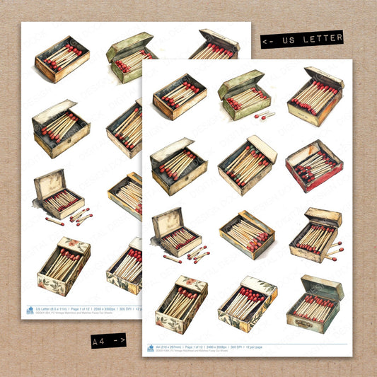 A4 and US Letter format comparison showing Vintage Matchbox and Matches fussy cut pages for print and cut crafting