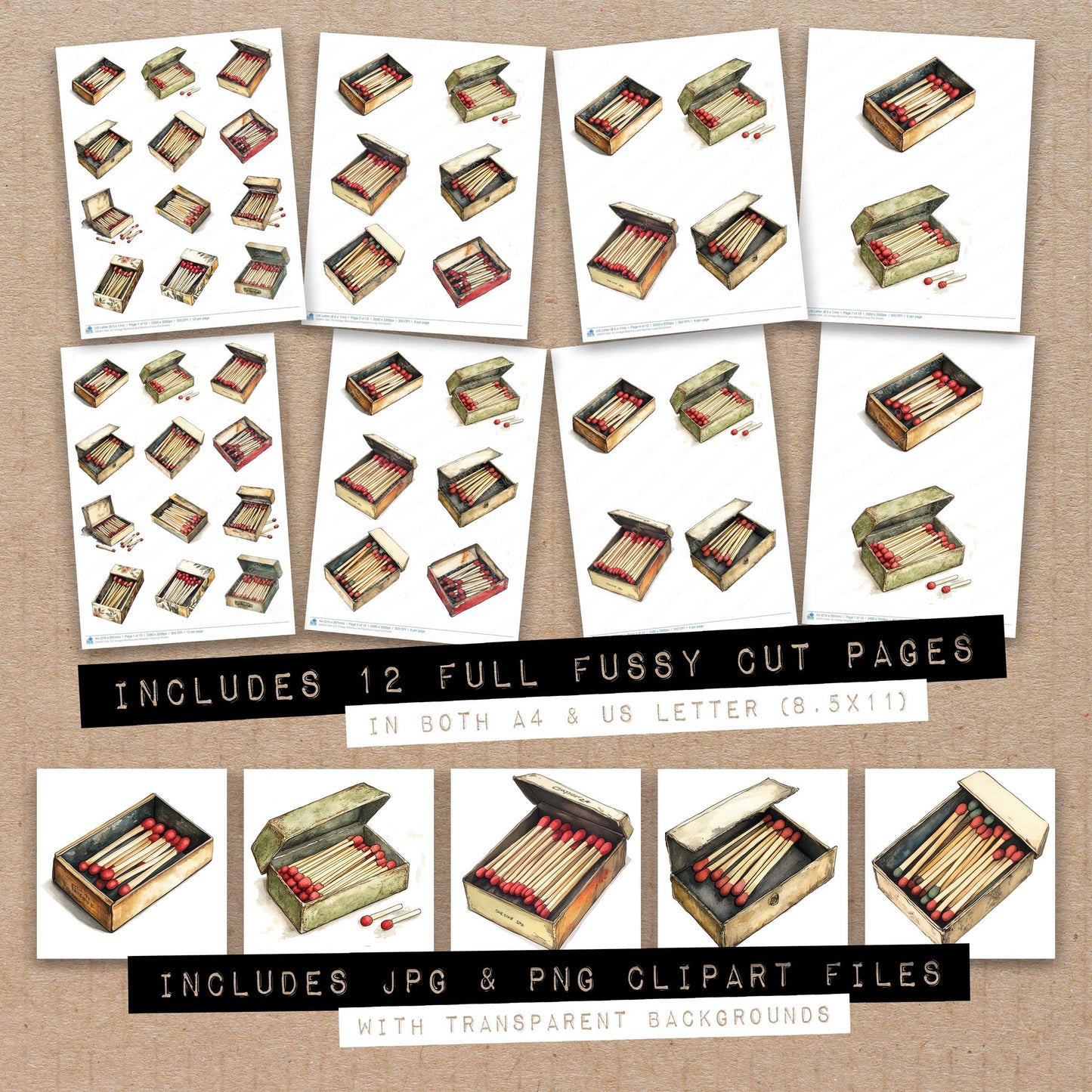 Full collection view of Vintage Matchbox and Matches fussy cut sheets with bonus clipart JPG and PNG files