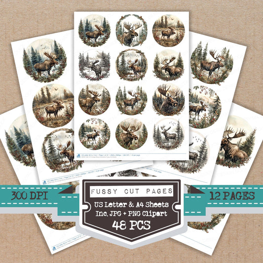 Vintage Moose Illustration fussy cut printable sheets for junk journaling, scrapbooking, and paper craft projects