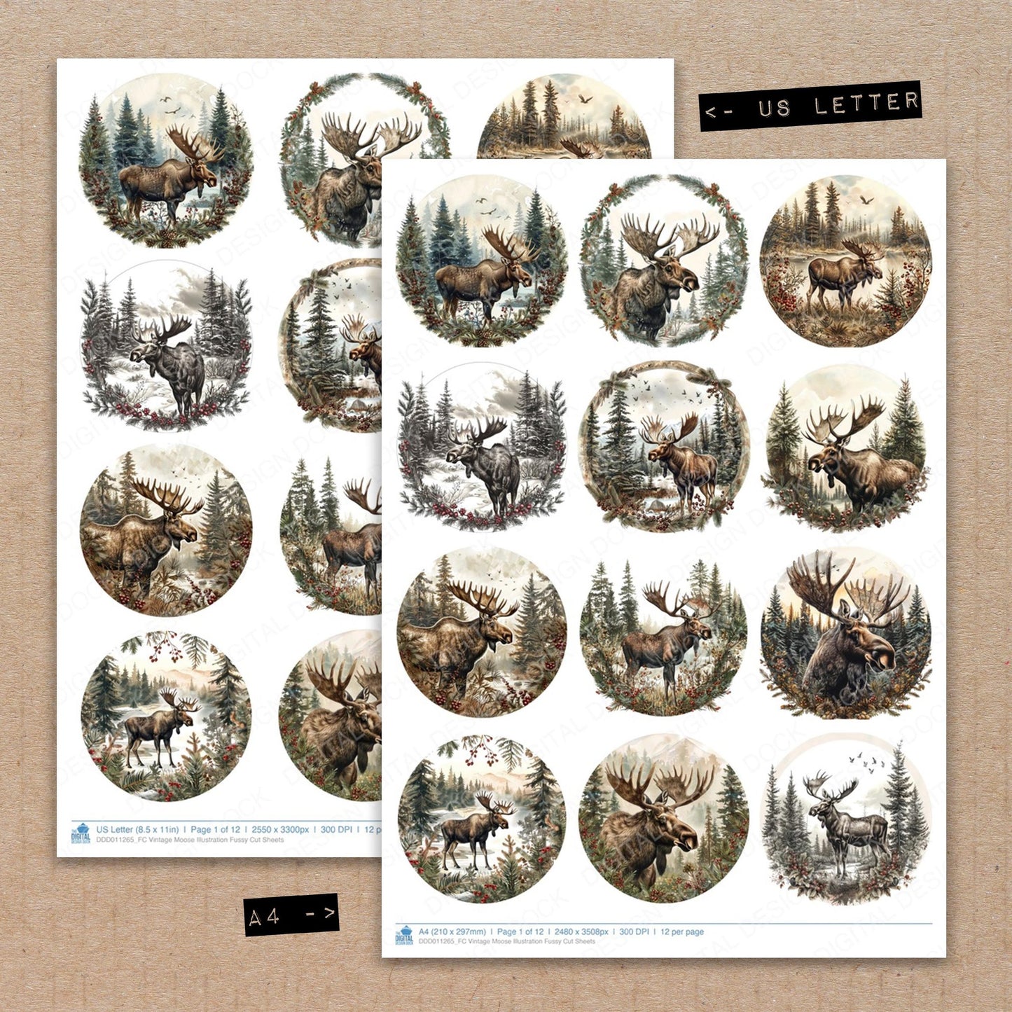 A4 and US Letter format comparison showing Vintage Moose Illustration fussy cut pages for print and cut crafting