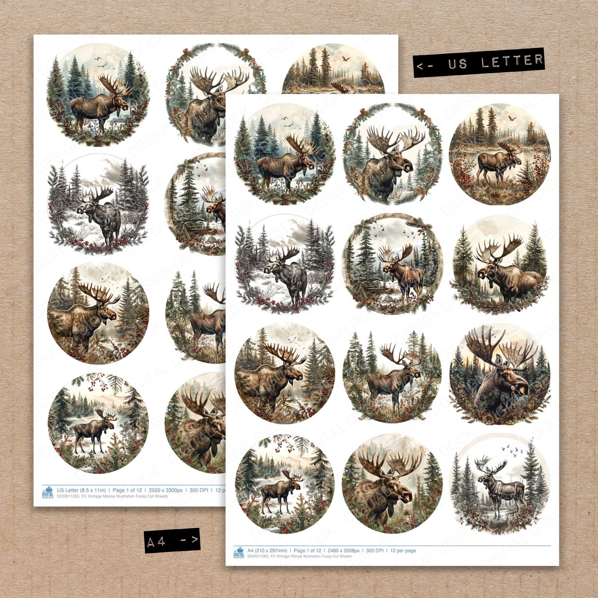 A4 and US Letter format comparison showing Vintage Moose Illustration fussy cut pages for print and cut crafting