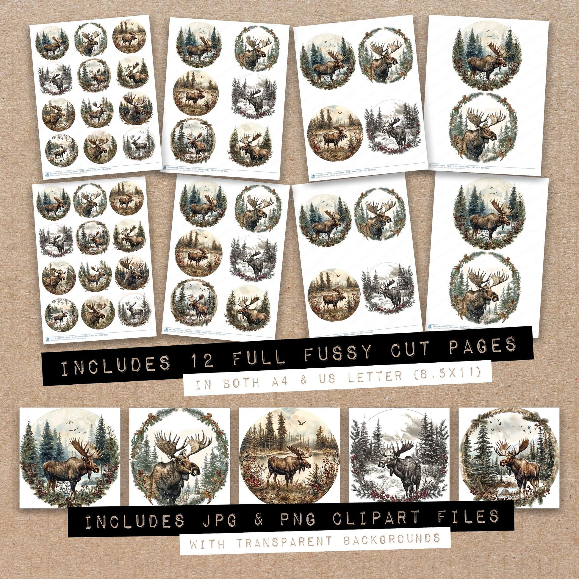 Full collection view of Vintage Moose Illustration fussy cut sheets with bonus clipart JPG and PNG files