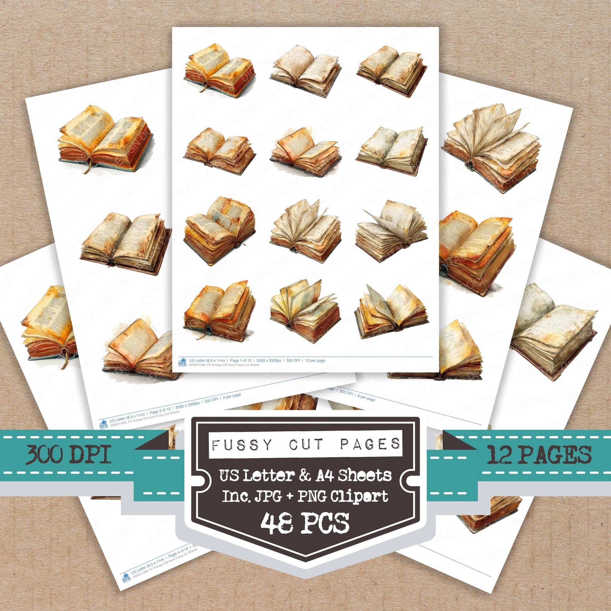 Vintage Old Book fussy cut printable sheets for junk journaling, scrapbooking, and paper craft projects