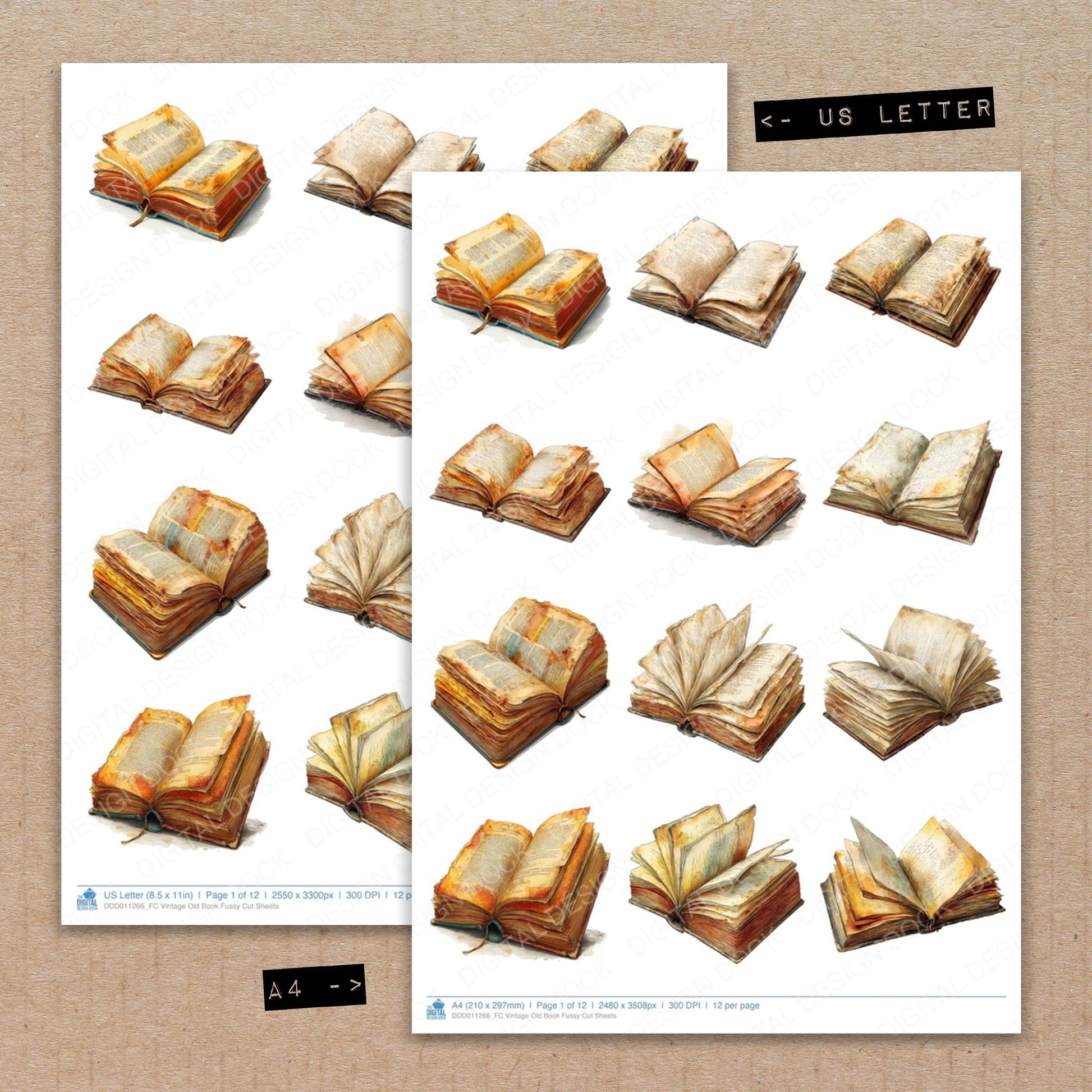A4 and US Letter format comparison showing Vintage Old Book fussy cut pages for print and cut crafting