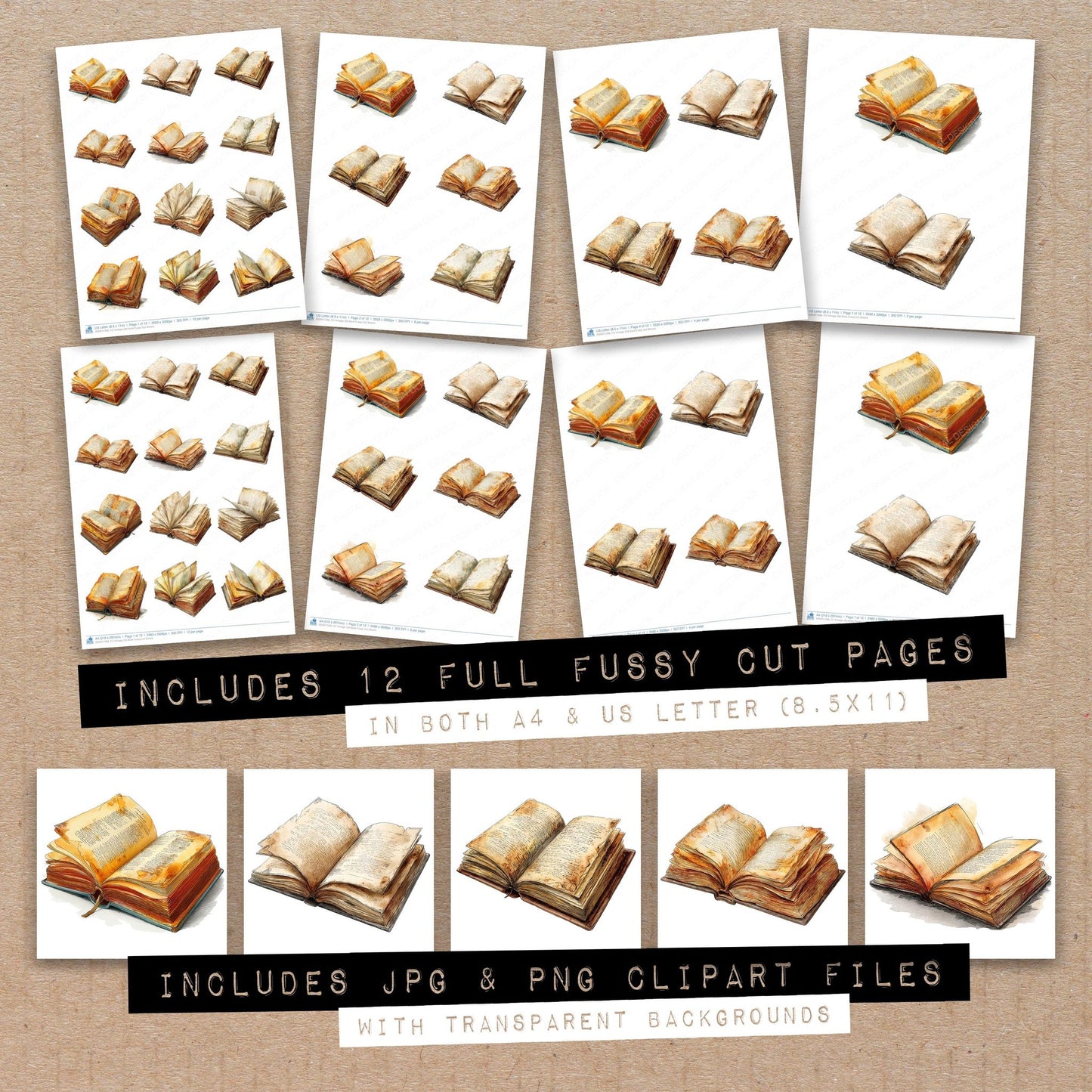 Full collection view of Vintage Old Book fussy cut sheets with bonus clipart JPG and PNG files