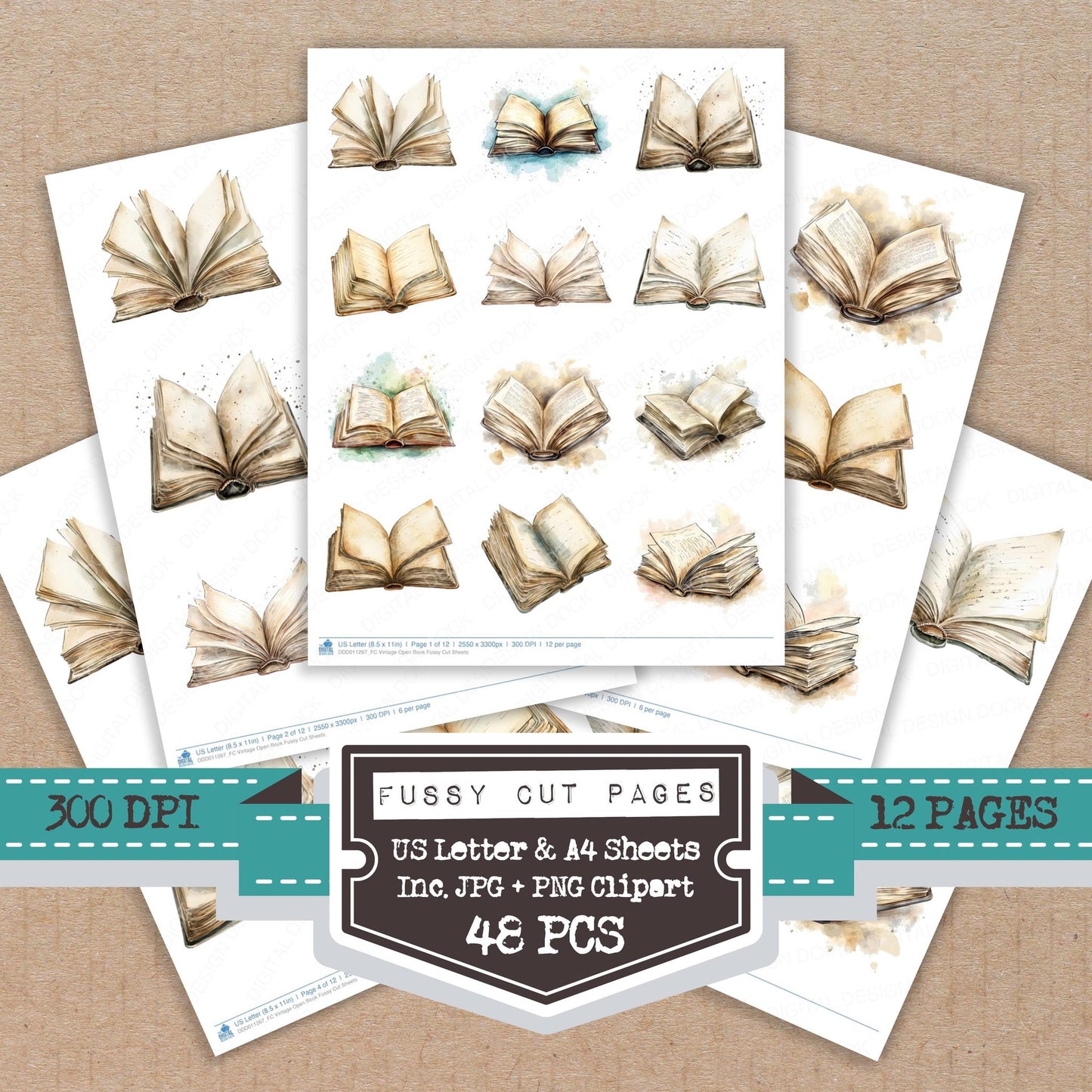 Vintage Open Book fussy cut printable sheets for junk journaling, scrapbooking, and paper craft projects