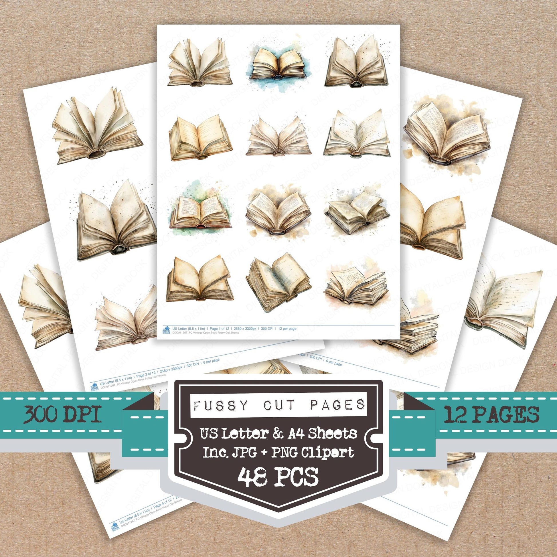 Vintage Open Book fussy cut printable sheets for junk journaling, scrapbooking, and paper craft projects
