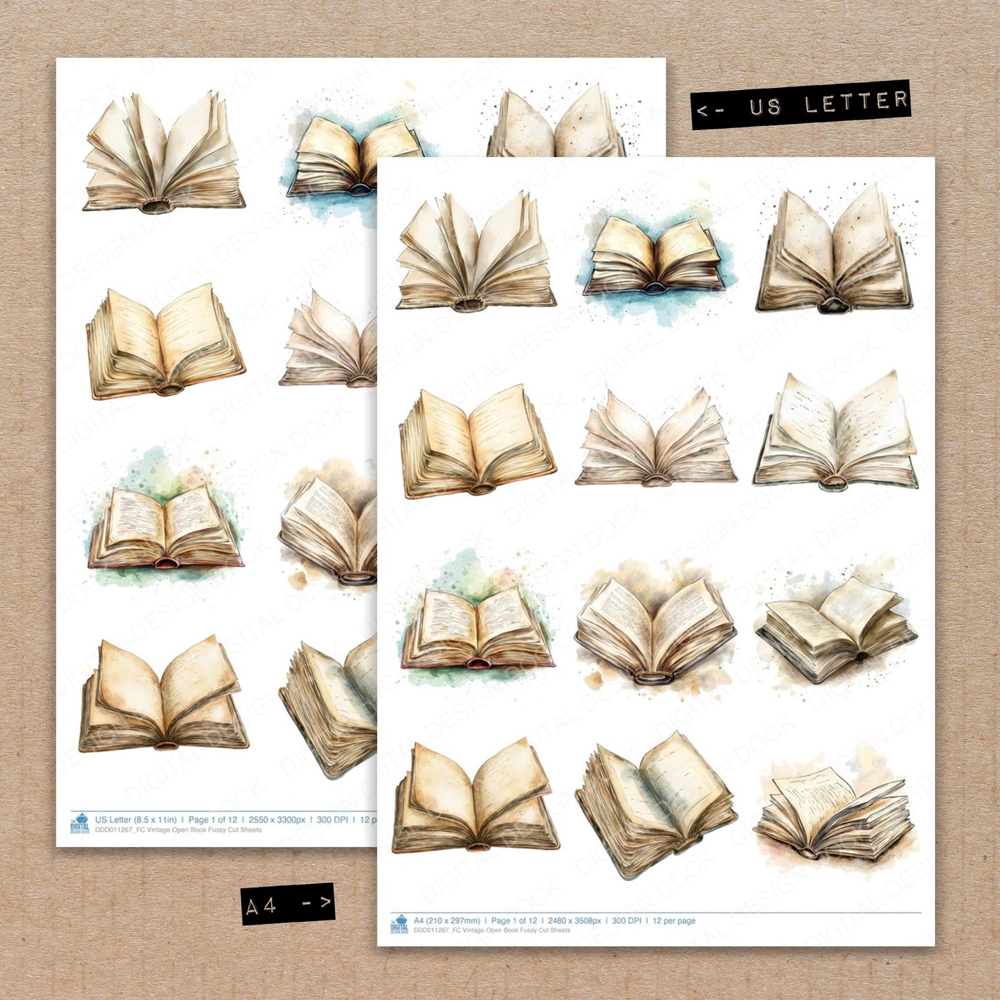 A4 and US Letter format comparison showing Vintage Open Book fussy cut pages for print and cut crafting