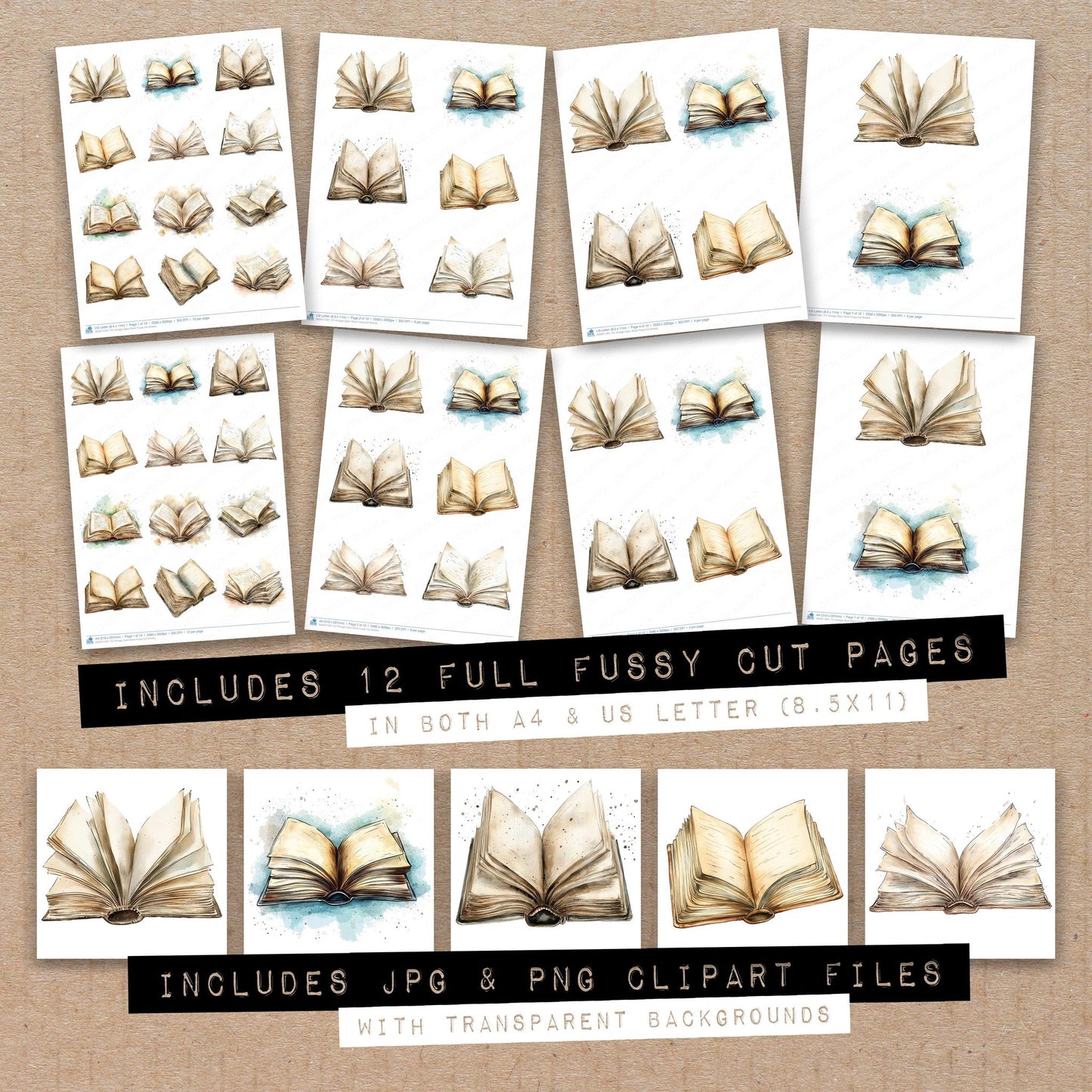 Full collection view of Vintage Open Book fussy cut sheets with bonus clipart JPG and PNG files