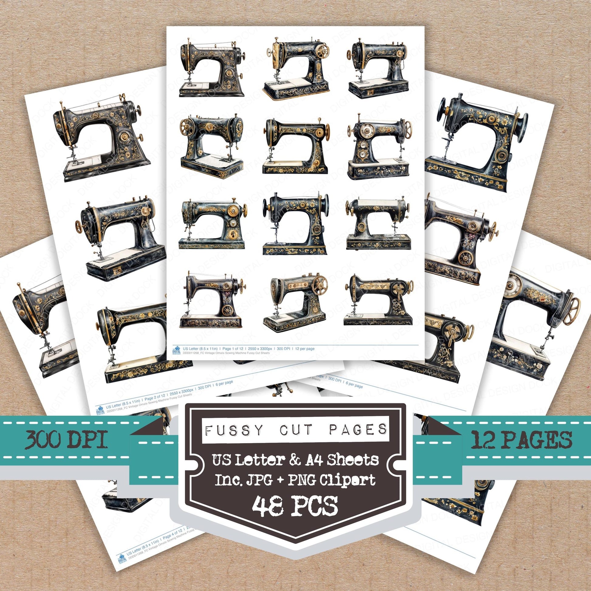 Vintage Ornate Sewing Machine fussy cut printable sheets for junk journaling, scrapbooking, and paper craft projects