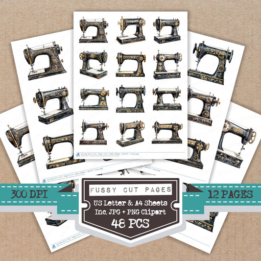 Vintage Ornate Sewing Machine fussy cut printable sheets for junk journaling, scrapbooking, and paper craft projects