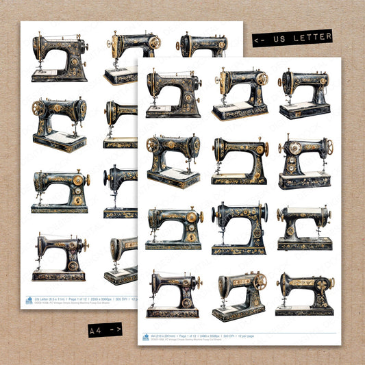 A4 and US Letter format comparison showing Vintage Ornate Sewing Machine fussy cut pages for print and cut crafting