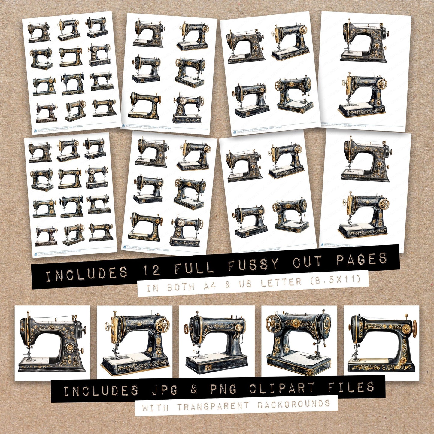 Full collection view of Vintage Ornate Sewing Machine fussy cut sheets with bonus clipart JPG and PNG files