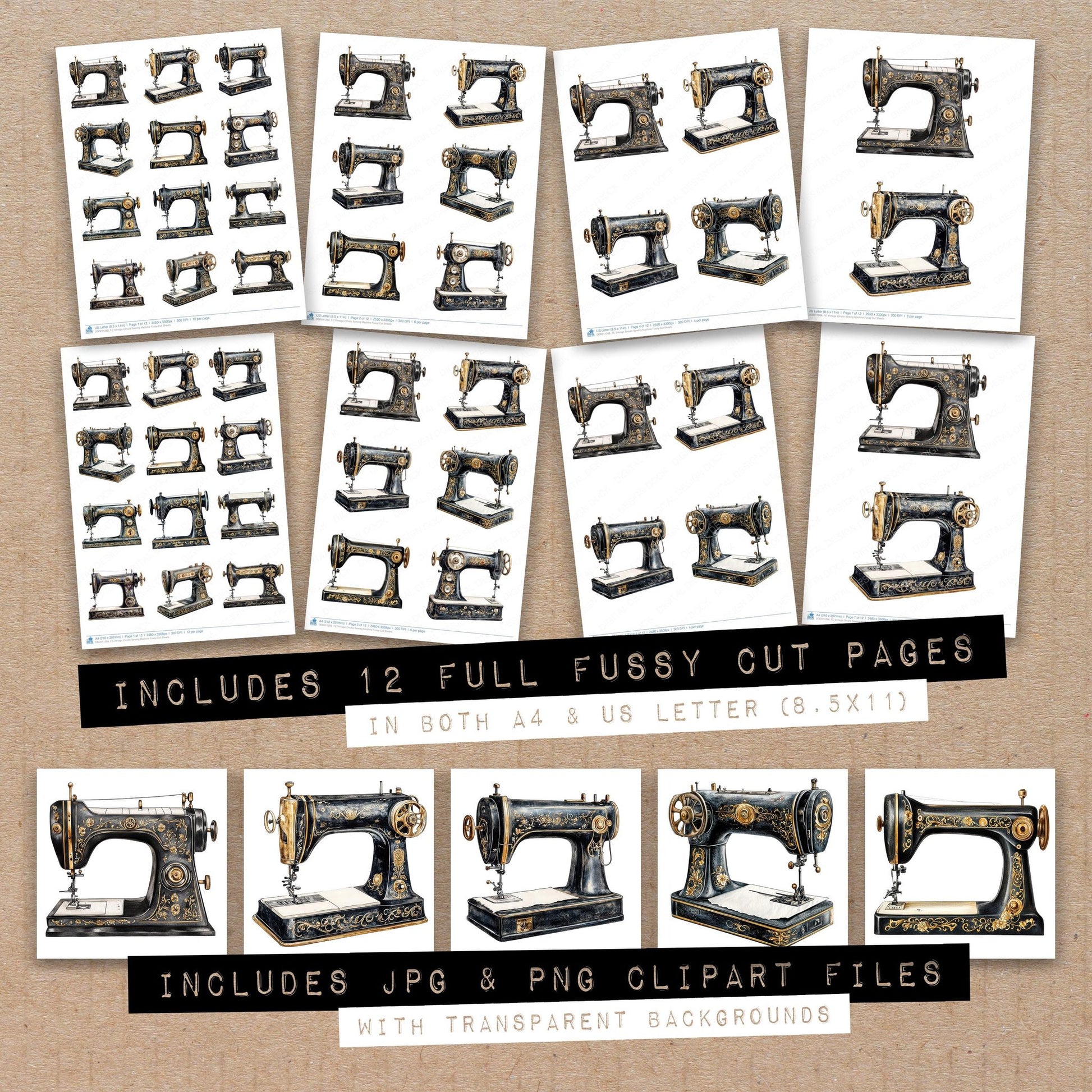 Full collection view of Vintage Ornate Sewing Machine fussy cut sheets with bonus clipart JPG and PNG files