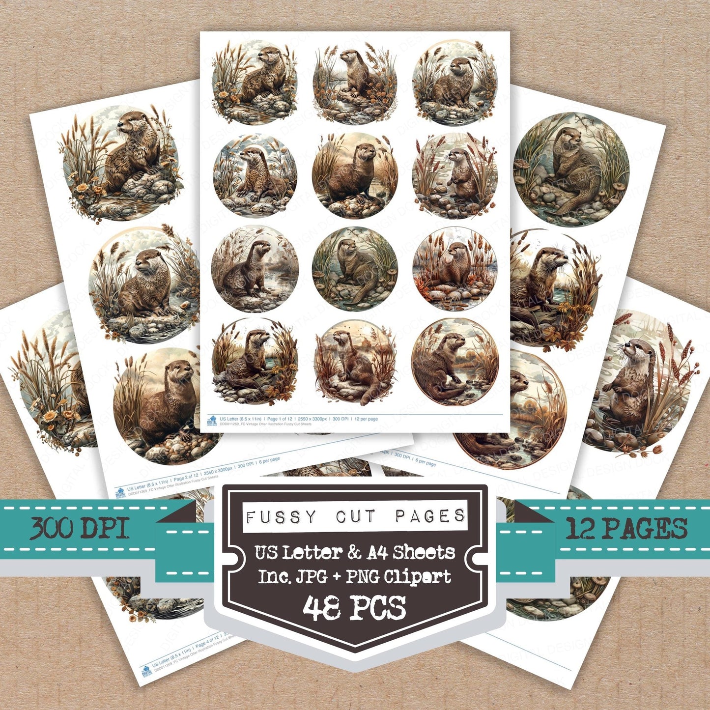 Vintage Otter Illustration Fussy Cut Sheets (DDD011269)