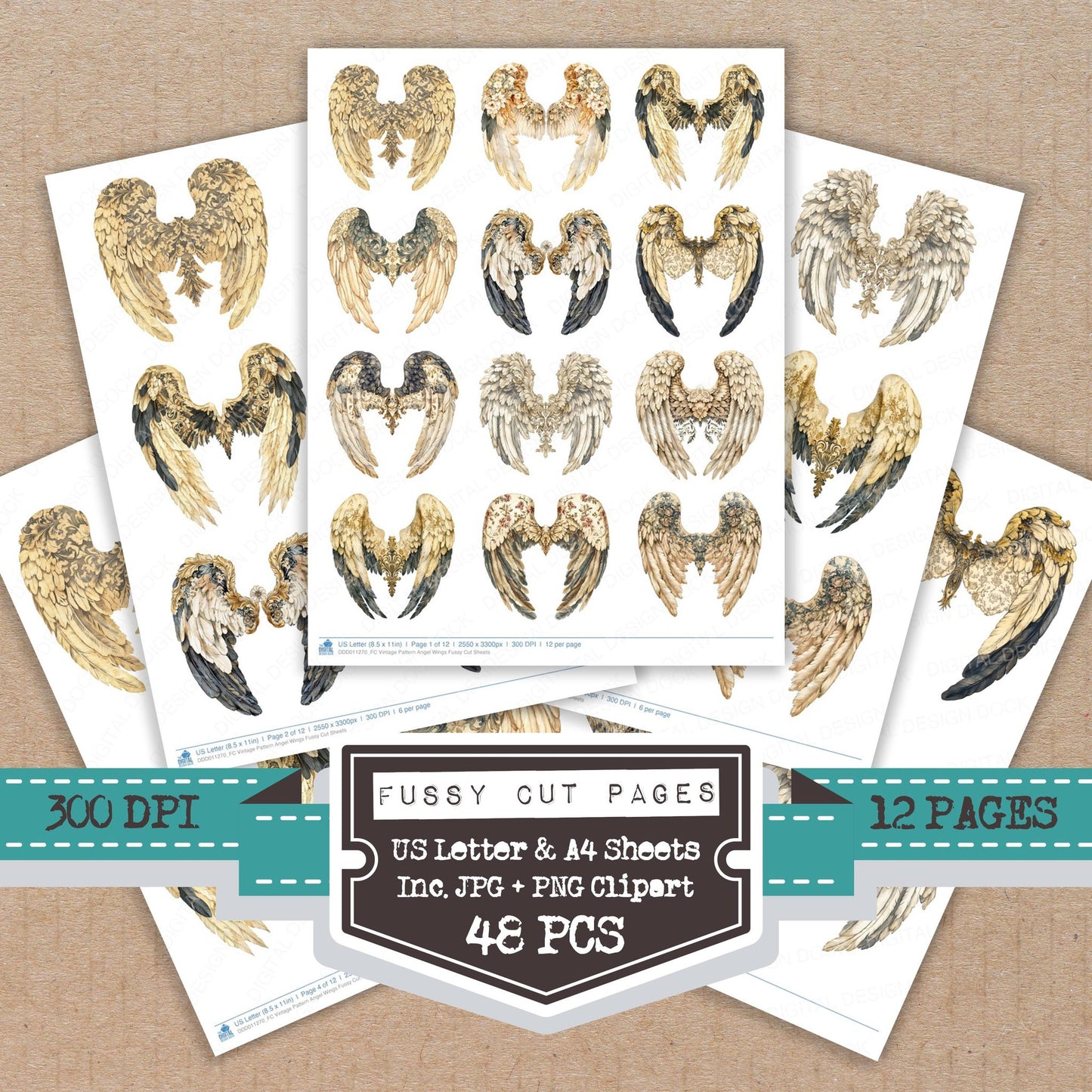 Vintage Pattern Angel Wings fussy cut printable sheets for junk journaling, scrapbooking, and paper craft projects