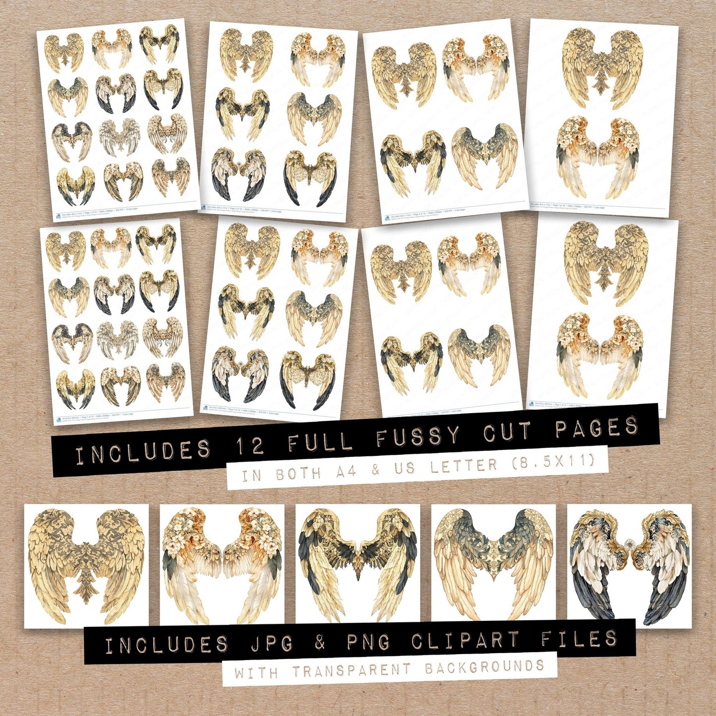 Full collection view of Vintage Pattern Angel Wings fussy cut sheets with bonus clipart JPG and PNG files