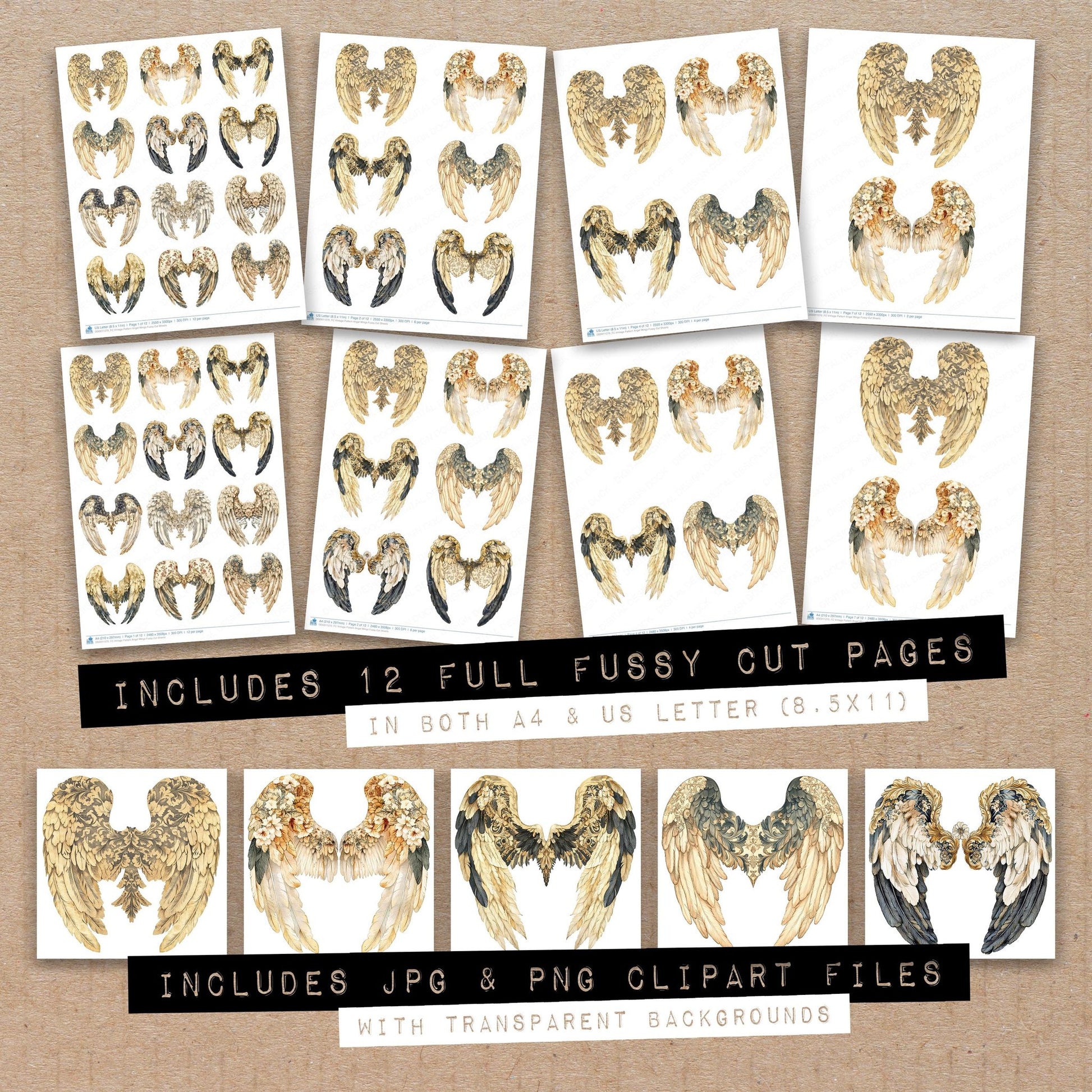 Full collection view of Vintage Pattern Angel Wings fussy cut sheets with bonus clipart JPG and PNG files