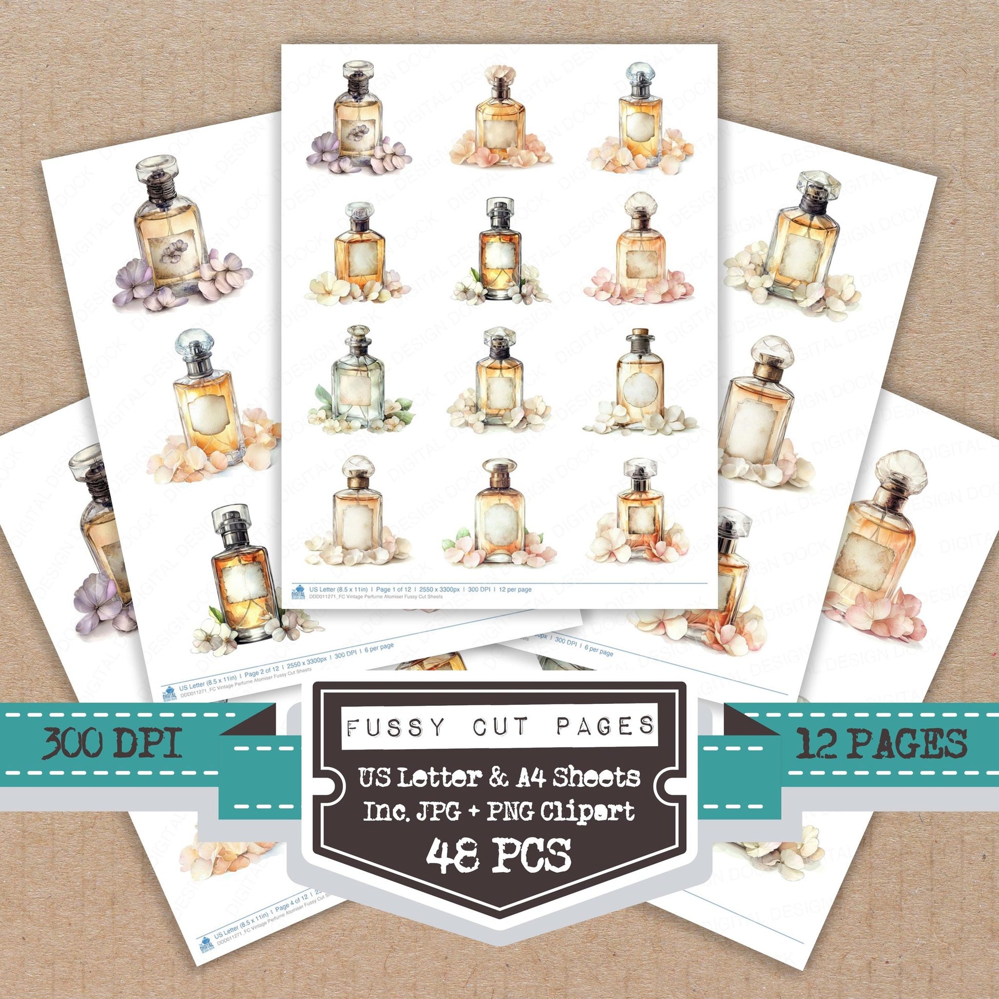Vintage Perfume Atomiser fussy cut printable sheets for junk journaling, scrapbooking, and paper craft projects
