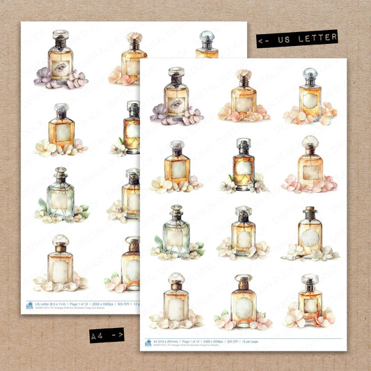 A4 and US Letter format comparison showing Vintage Perfume Atomiser fussy cut pages for print and cut crafting
