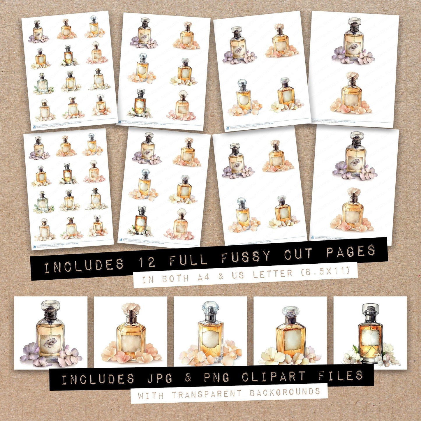 Full collection view of Vintage Perfume Atomiser fussy cut sheets with bonus clipart JPG and PNG files